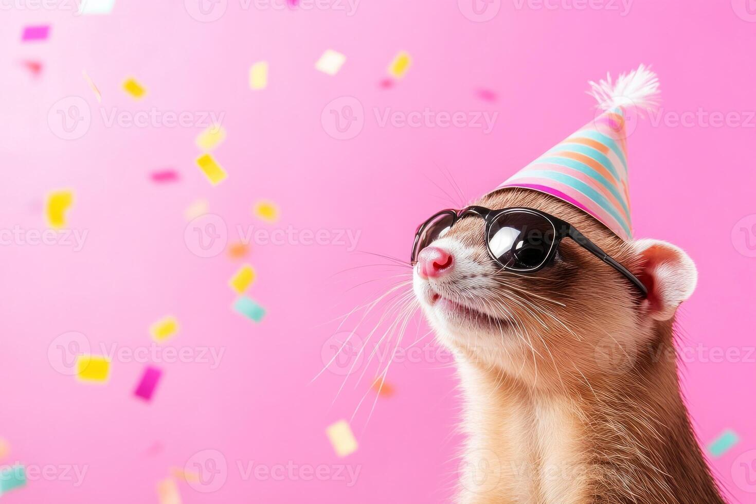 A playful ferret in sunglasses and a party hat celebrates in a bright pastel setting with falling confetti photo