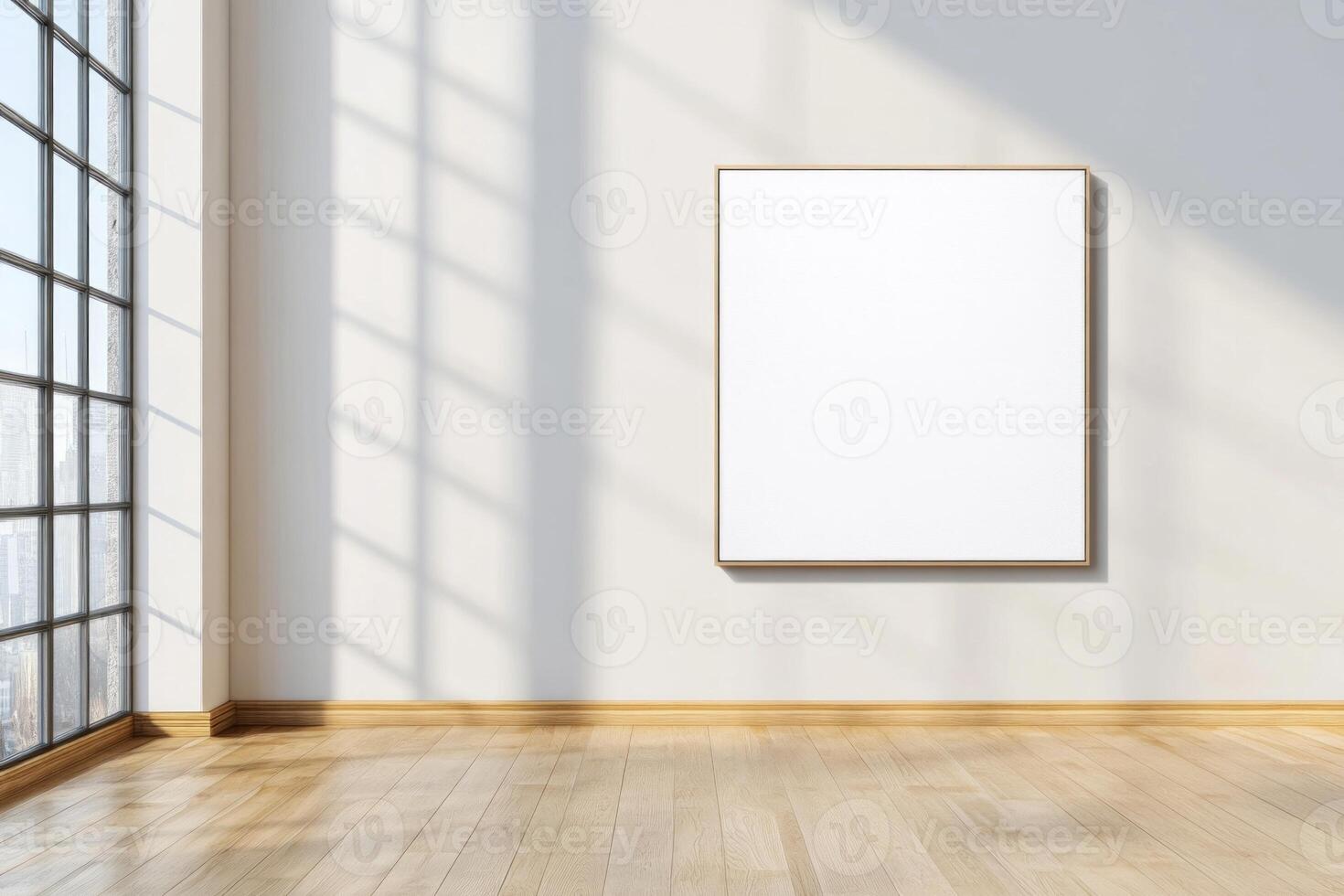 Minimalist loft living room with large window and blank painting mockup in soft daylight photo