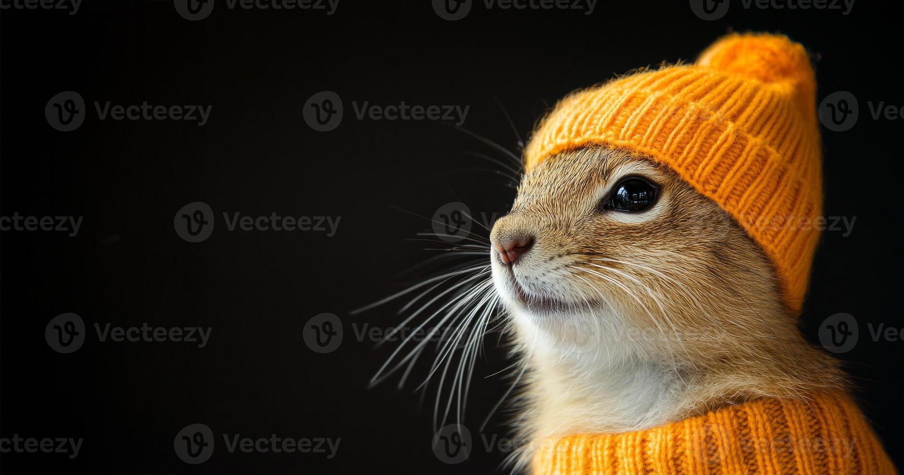 A wild animal wearing a cozy orange knit hat poses limitlessly against a dark backdrop photo