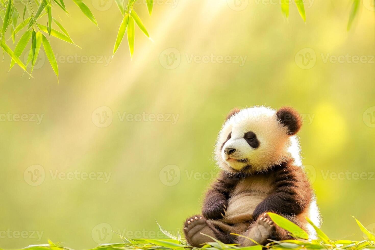 Cute baby panda relaxing in a lush green forest surrounded by bamboo leaves under soft natural light photo