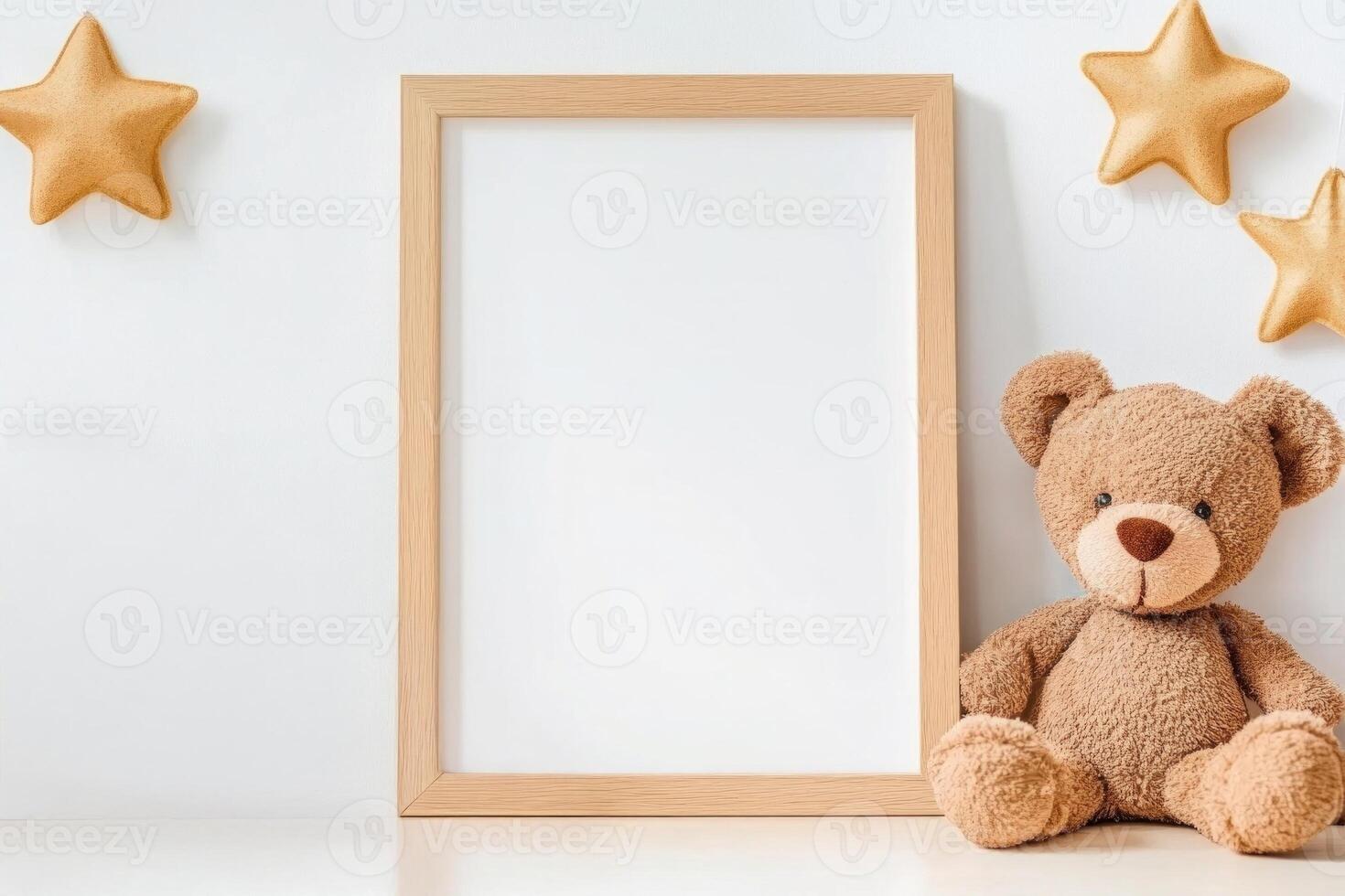 Minimalist poster frame with a teddy bear and decorative stars in a bright nursery setting photo