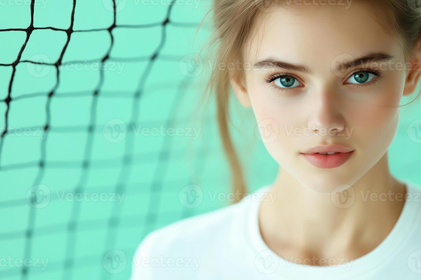 Tennis player prepares to return serve on green court with net in soft focus photo