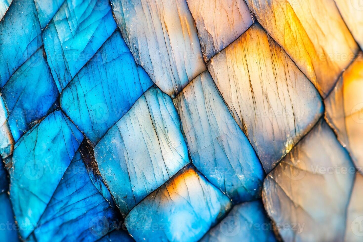Vivid macro view of polished blue labradorite showcasing stunning prismatic colors and textured surface details photo