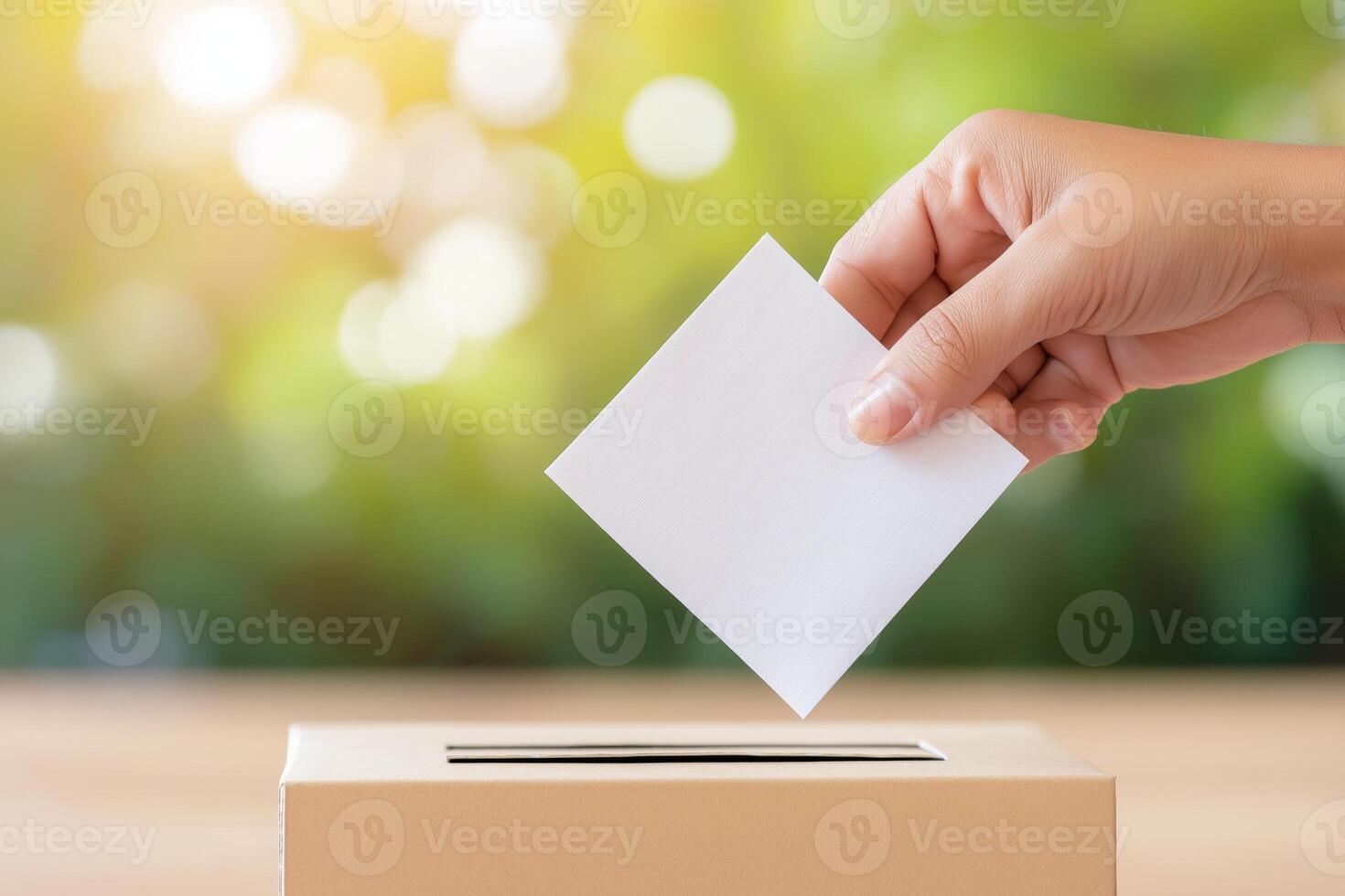 A hand gently placing a clean white ballot into a modern ballot box against a softly blurred background photo