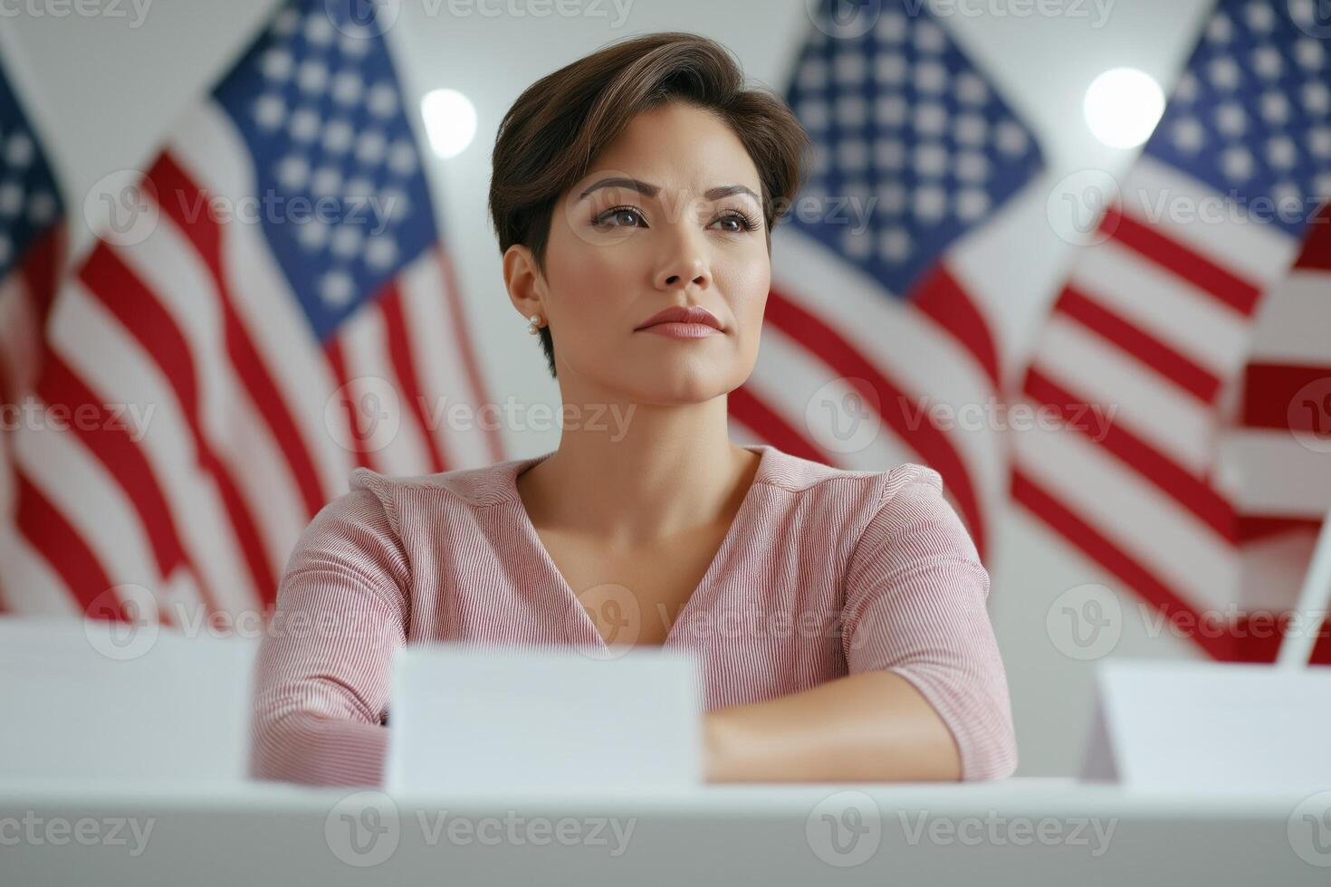 In a well-lit setting, a middle-aged Asian woman sits confidently at a conference table, surrounded by American flags photo