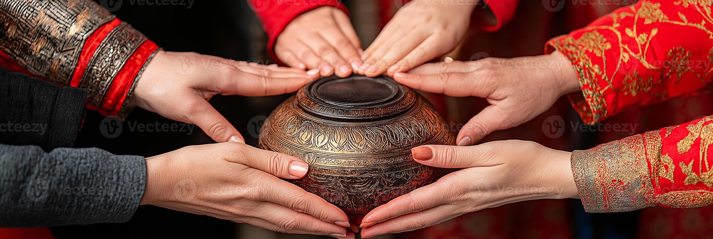 Hands from different generations connect over a traditional artifact showcasing cultural heritage and shared history photo