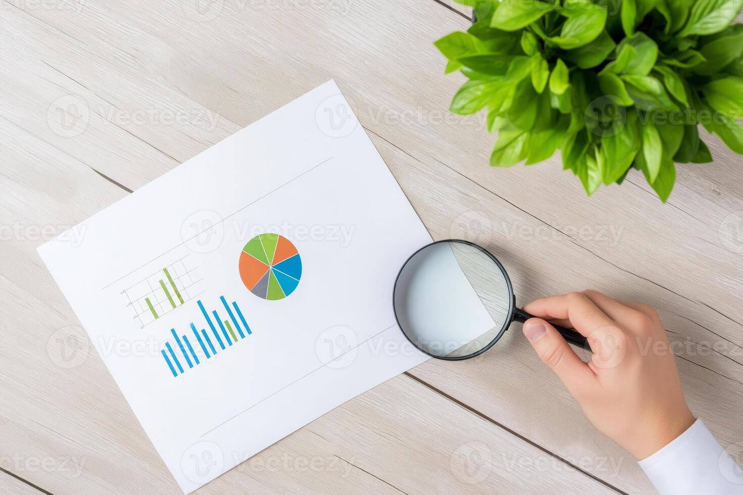 A businessman reviews financial charts and graphs with a magnifying glass in a modern workspace photo