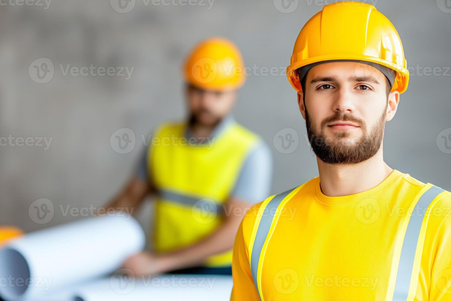 Workers collaborate at an industrial desk while reviewing blueprints in a minimalistic office setting photo