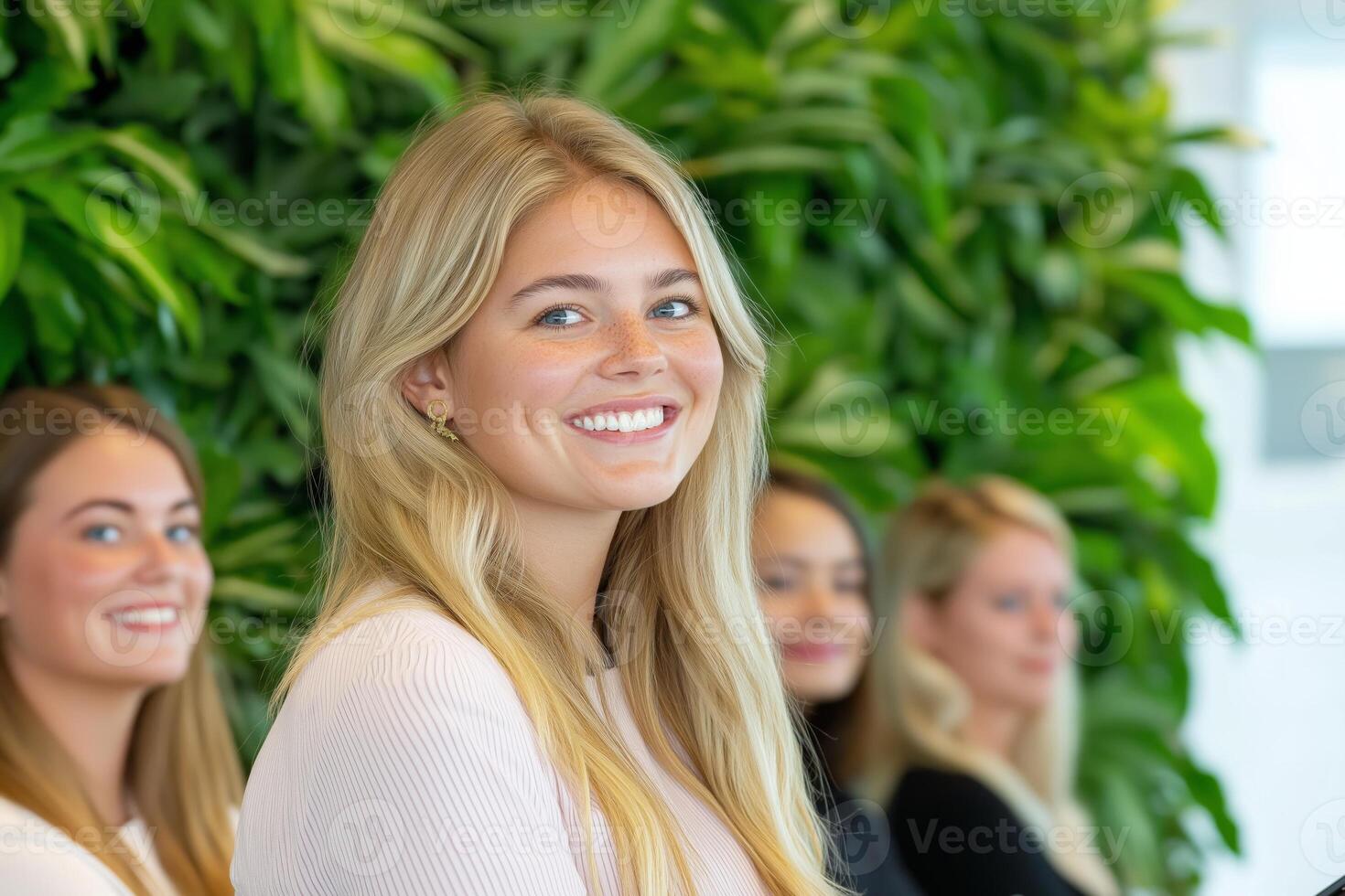 A woman presents confidently to a diverse audience in an inviting office setting with greenery in the background photo