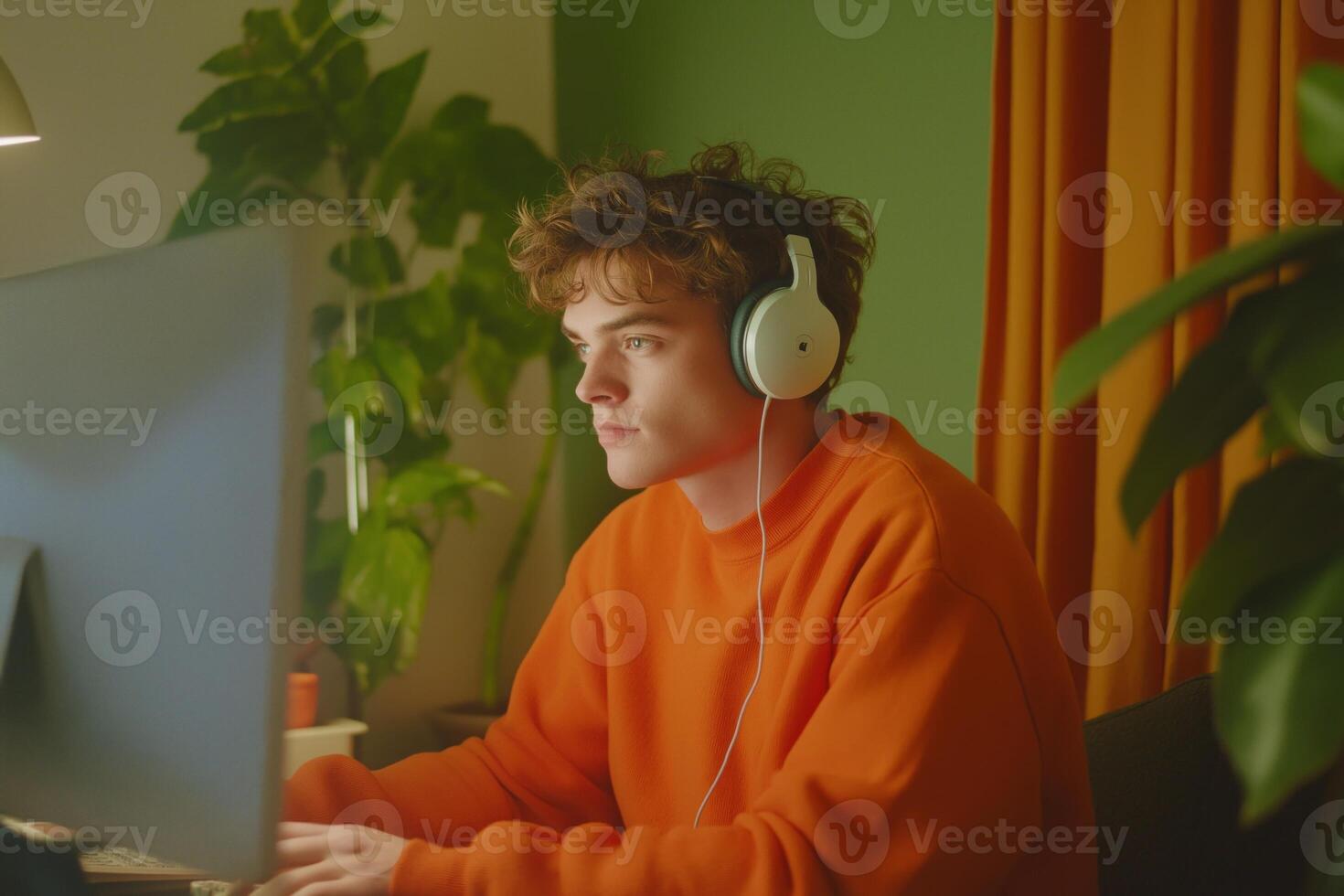 A focused young man in an orange sweater listens to music while working at his desk surrounded by plants photo
