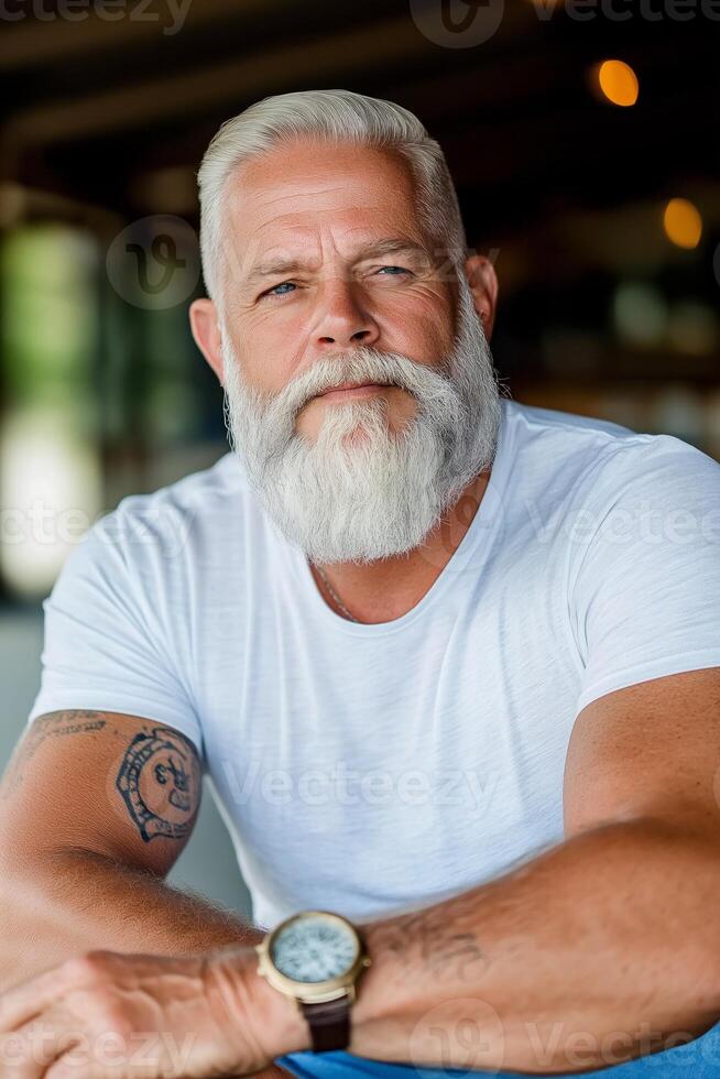 A bearded man receives a haircut in a rustic barbershop with wood and metal decor photo