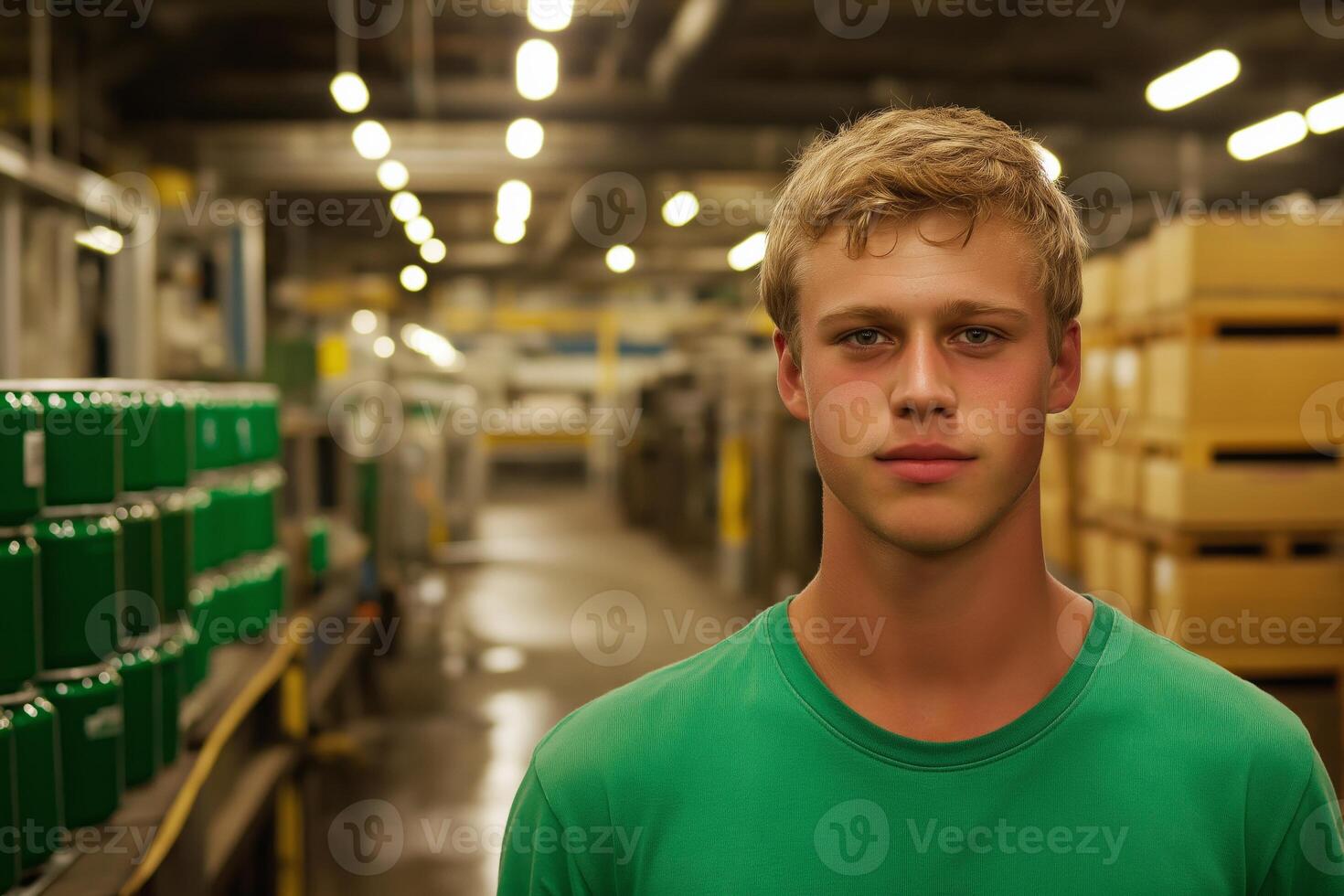 Young man collaborates with a robot on a production line in an industrial facility with modern lighting photo