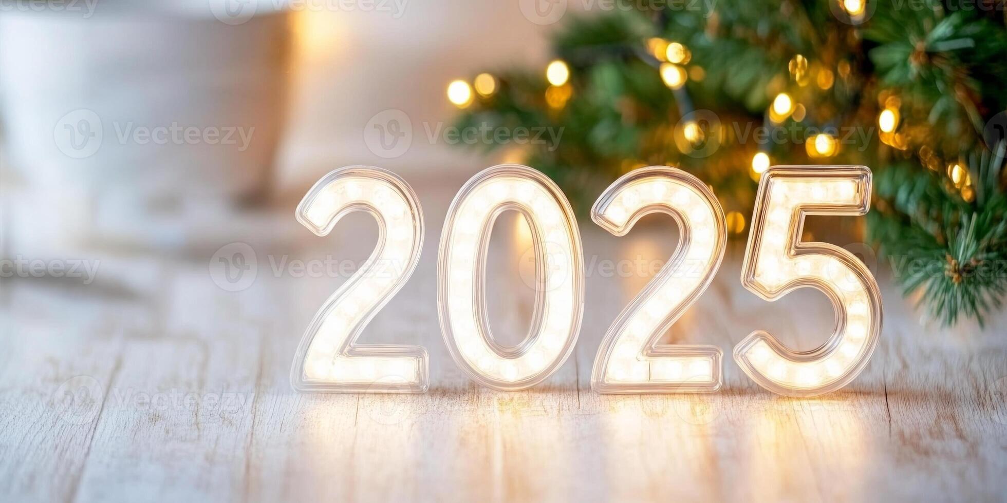 Festive living room decorated for the New Year celebration with illuminated numbers representing 2025 photo