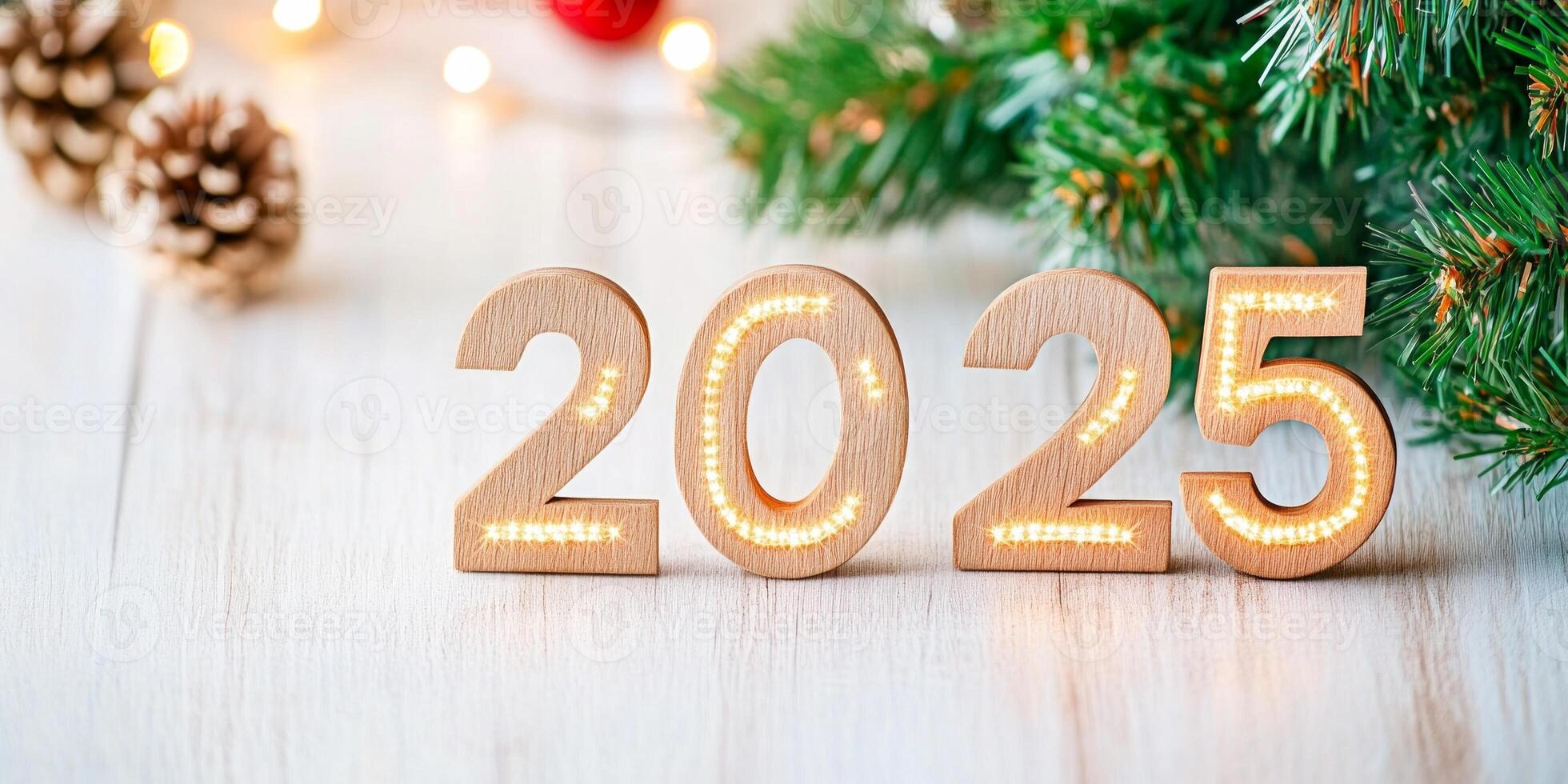 Festive living room with a New Years Eve theme featuring a Christmas tree and the glowing number 2025 photo