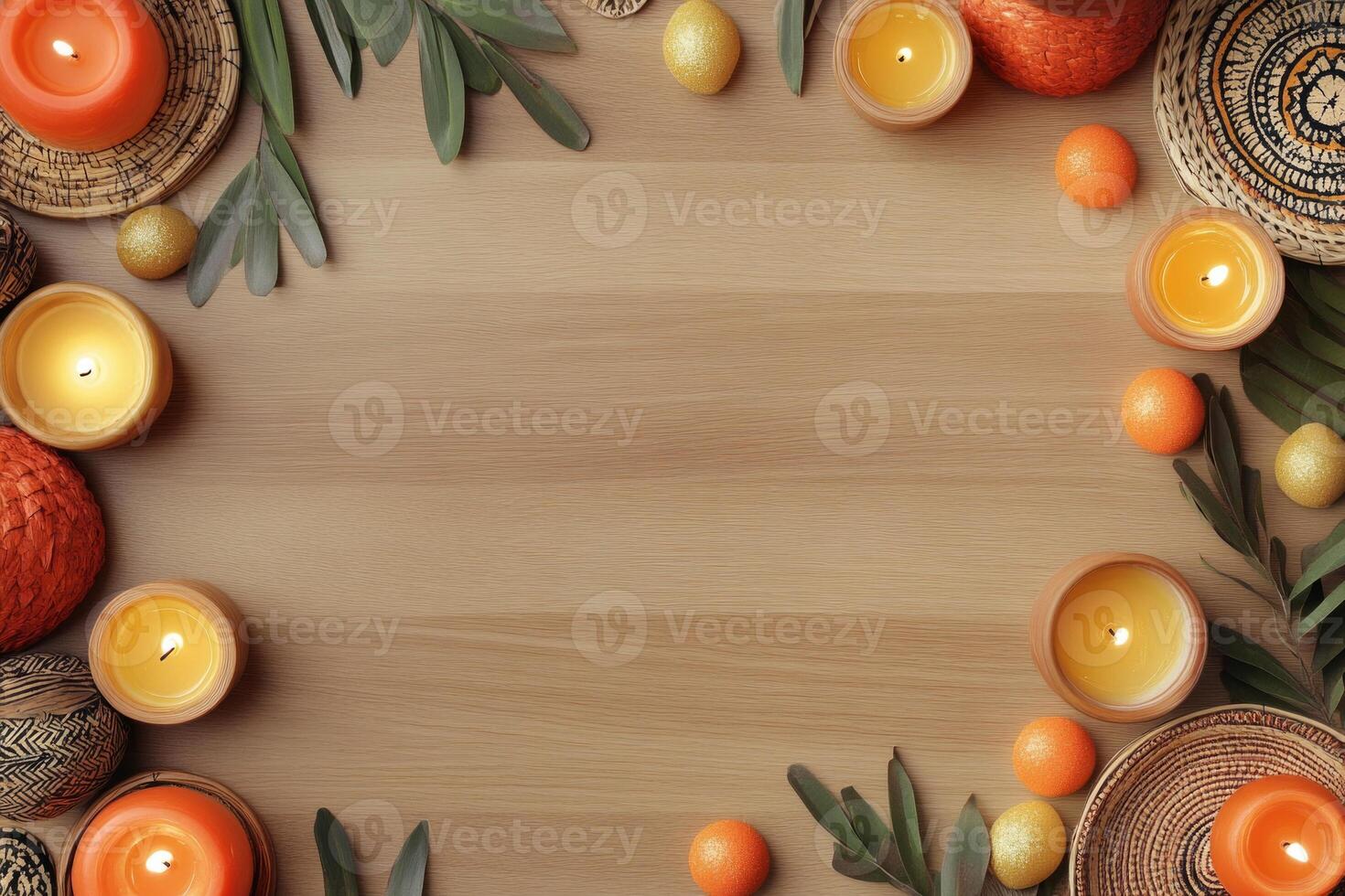 Kwanzaa decorations featuring candles, fruit, and woven baskets on a wooden table with African-inspired designs photo