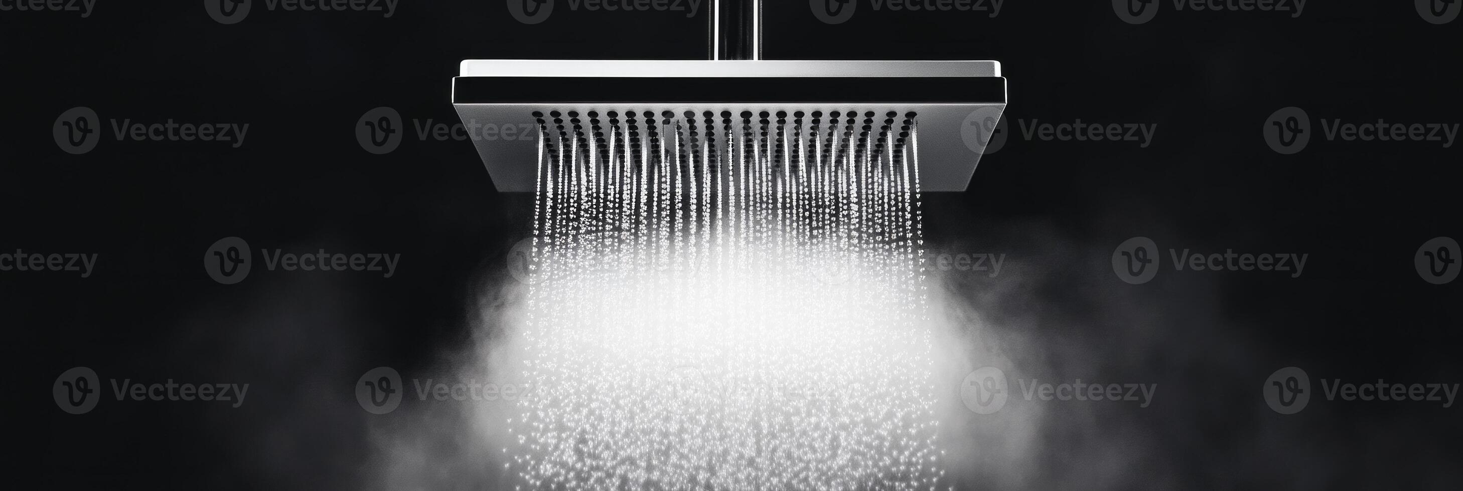 High-pressure square showerhead in a modern minimalist shower setting with flowing water droplets photo