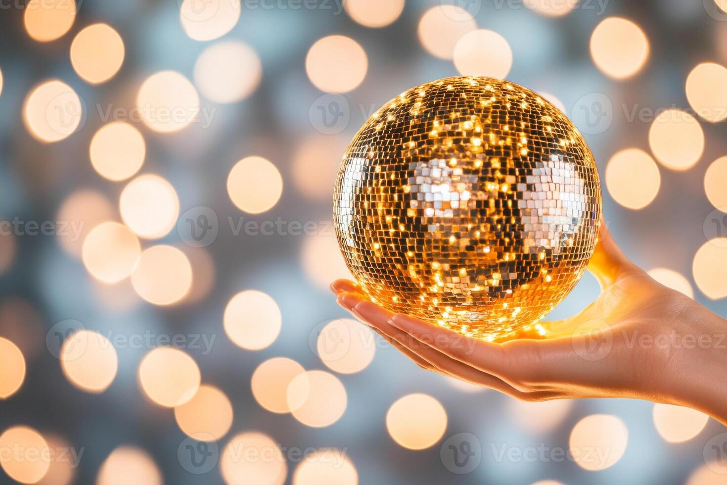 A glowing disco ball figure dances gracefully under string lights at an elegant party atmosphere photo