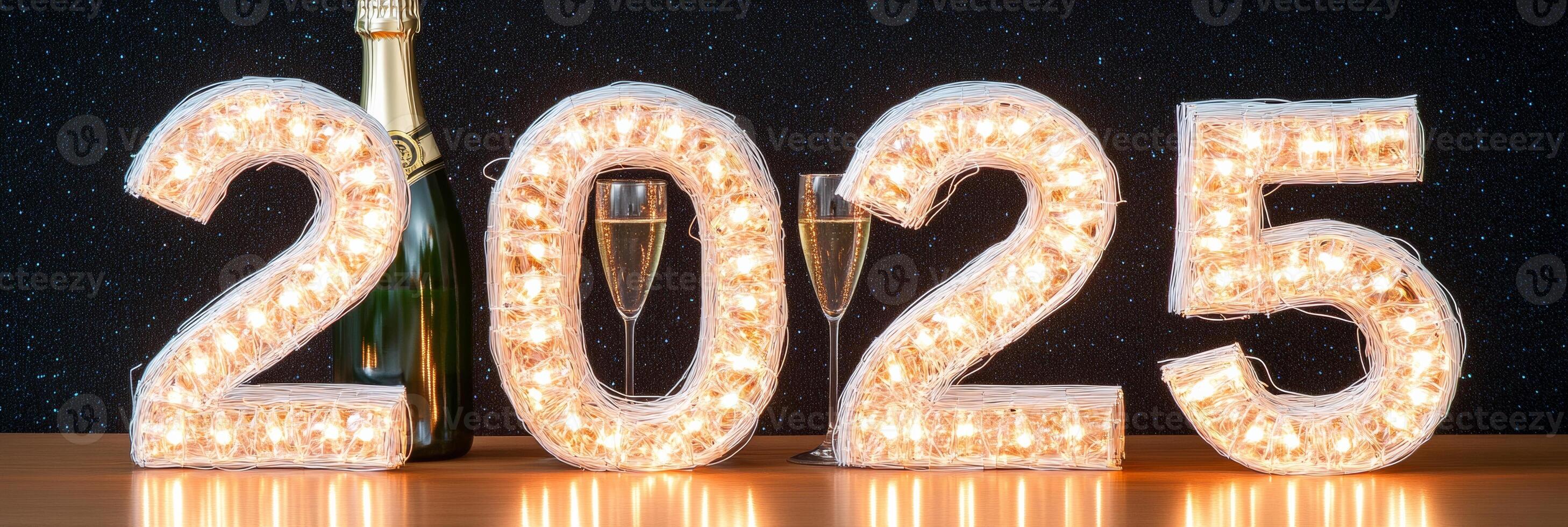 Celebrate New Years Eve 2025 with champagne and sparkling decorations in a festive setting photo