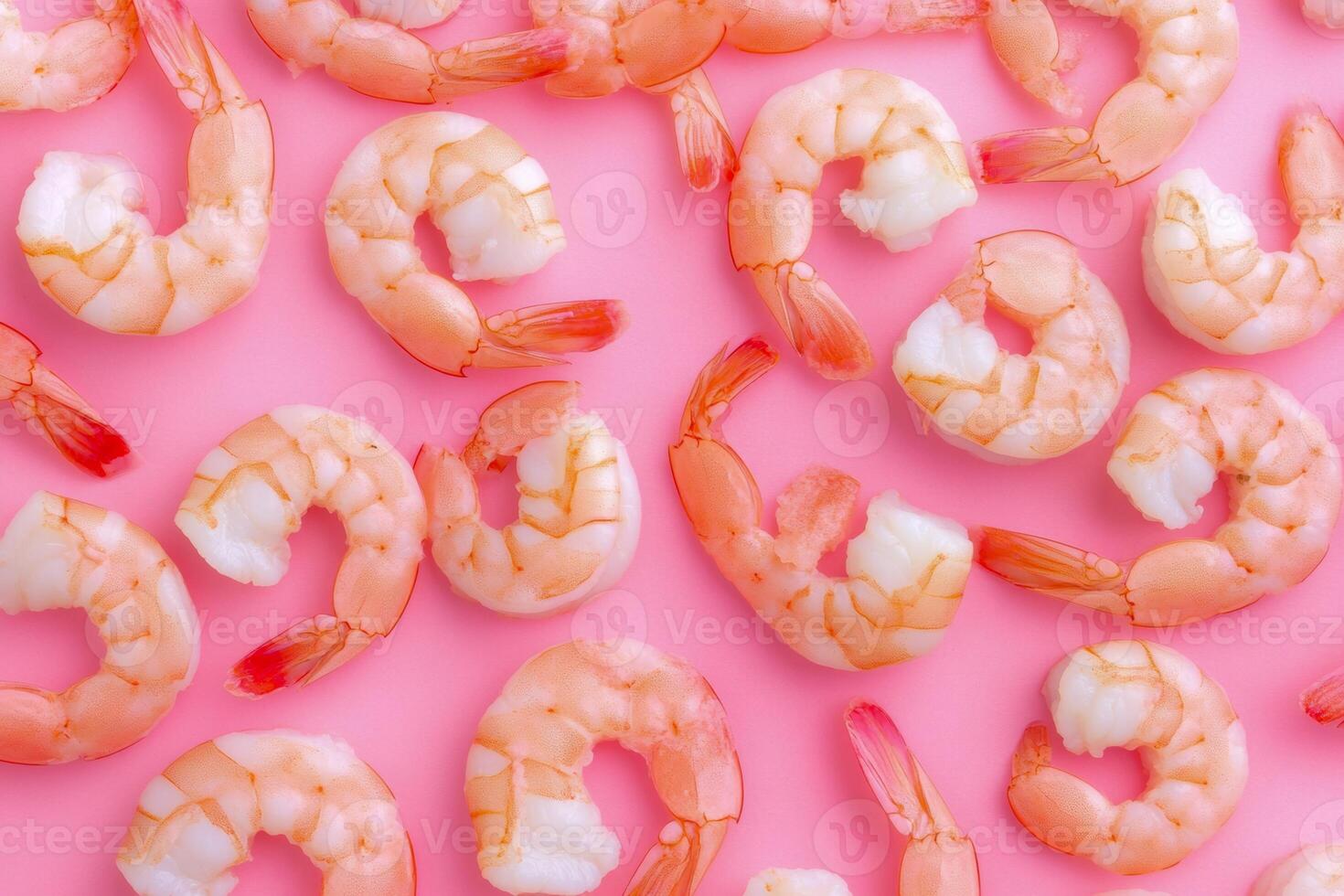 Fresh raw pink shrimp arranged on a bright pink background for culinary presentations and recipes photo