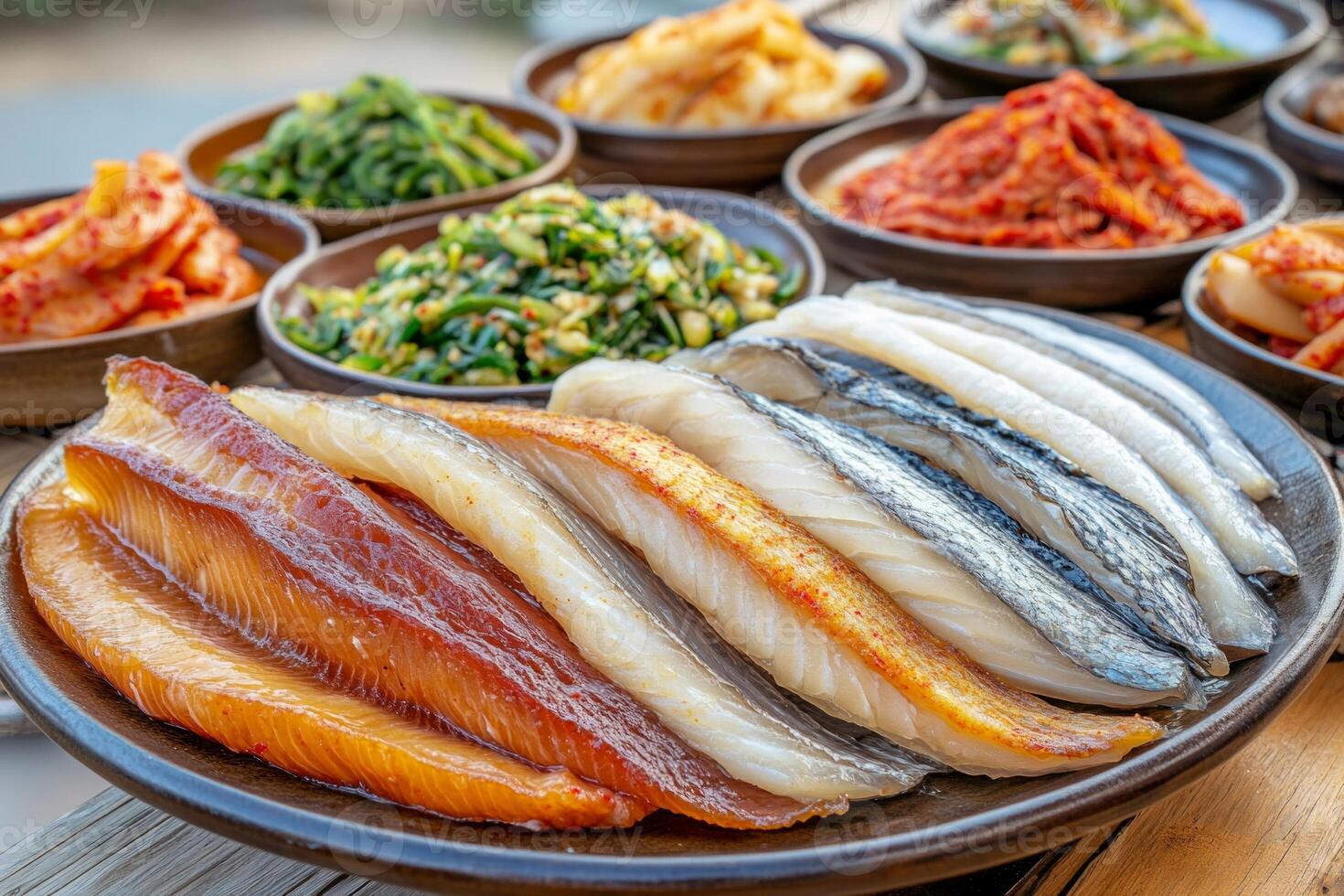 Delicately arranged gwamegi on a drying rack with Korean side dishes in a coastal setting photo