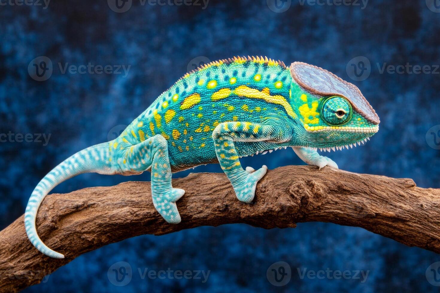 Colorful chameleon perched on a branch showcasing vibrant, intricate skin patterns in a natural habitat setting photo