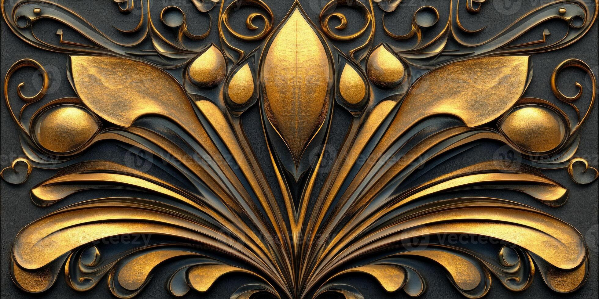 Elegant art deco design featuring symmetrical gold patterns on a refined black background for a luxurious aesthetic photo