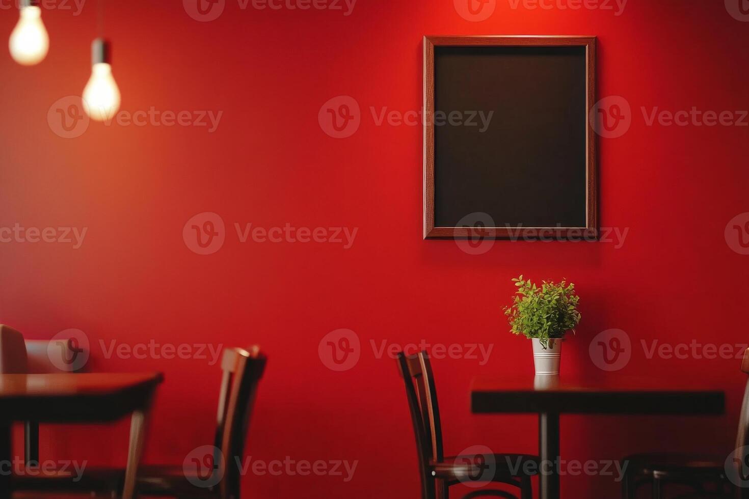 Cozy restaurant corner with dark red walls and simple wooden furniture for an inviting dining experience photo