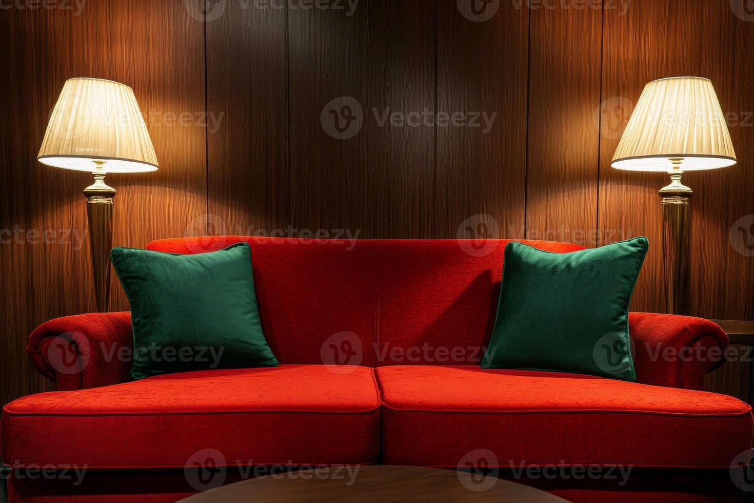 Luxurious red and burgundy sofa with emerald green cushions in a warm, stylish interior setting photo