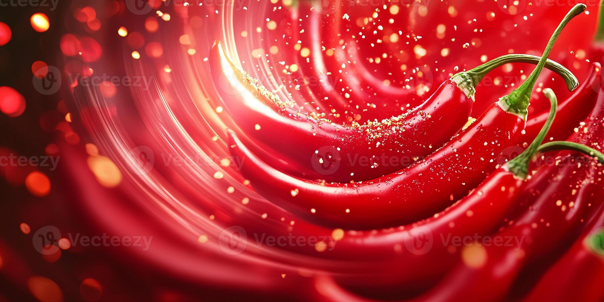 Red chili peppers arranged in a swirling pattern surrounded by spice particles highlighting heat and flavor photo