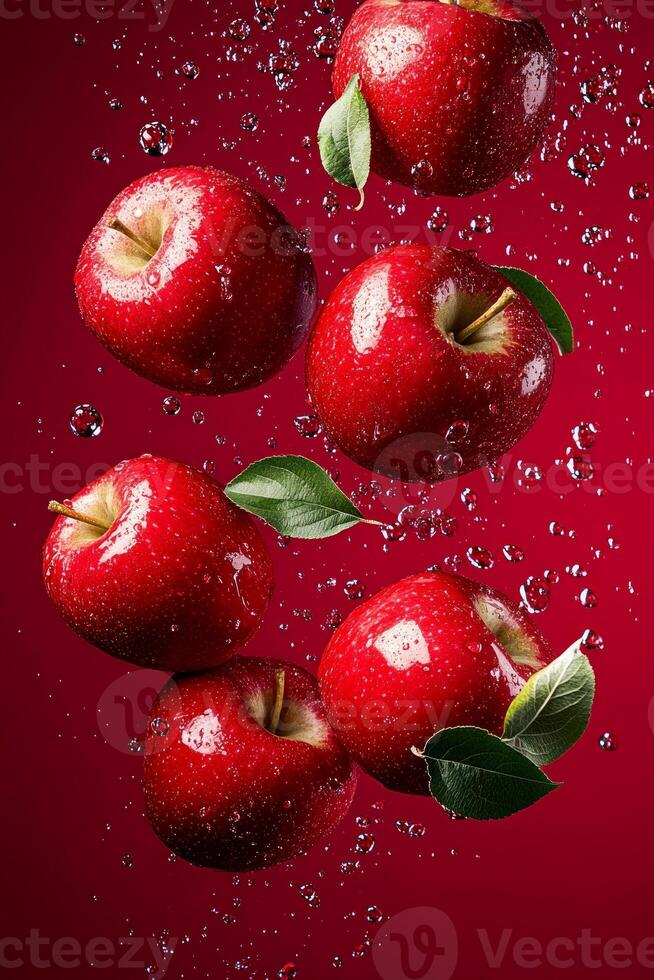 Bright red apples bouncing in mid-air against a deep red background showcasing vivid colors and glossy texture photo