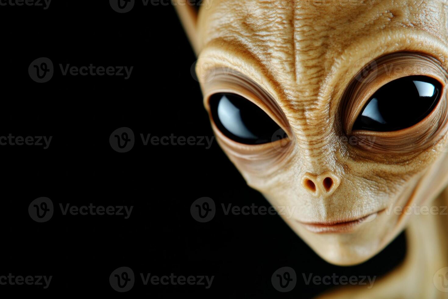 A captivating alien with realistic texture gazes into the distance against a dark background photo