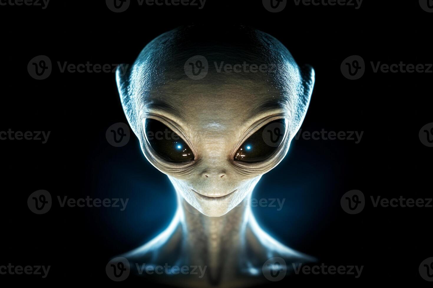 Close-up of a mysterious alien face set against a dark backdrop highlighting intense features and expression photo