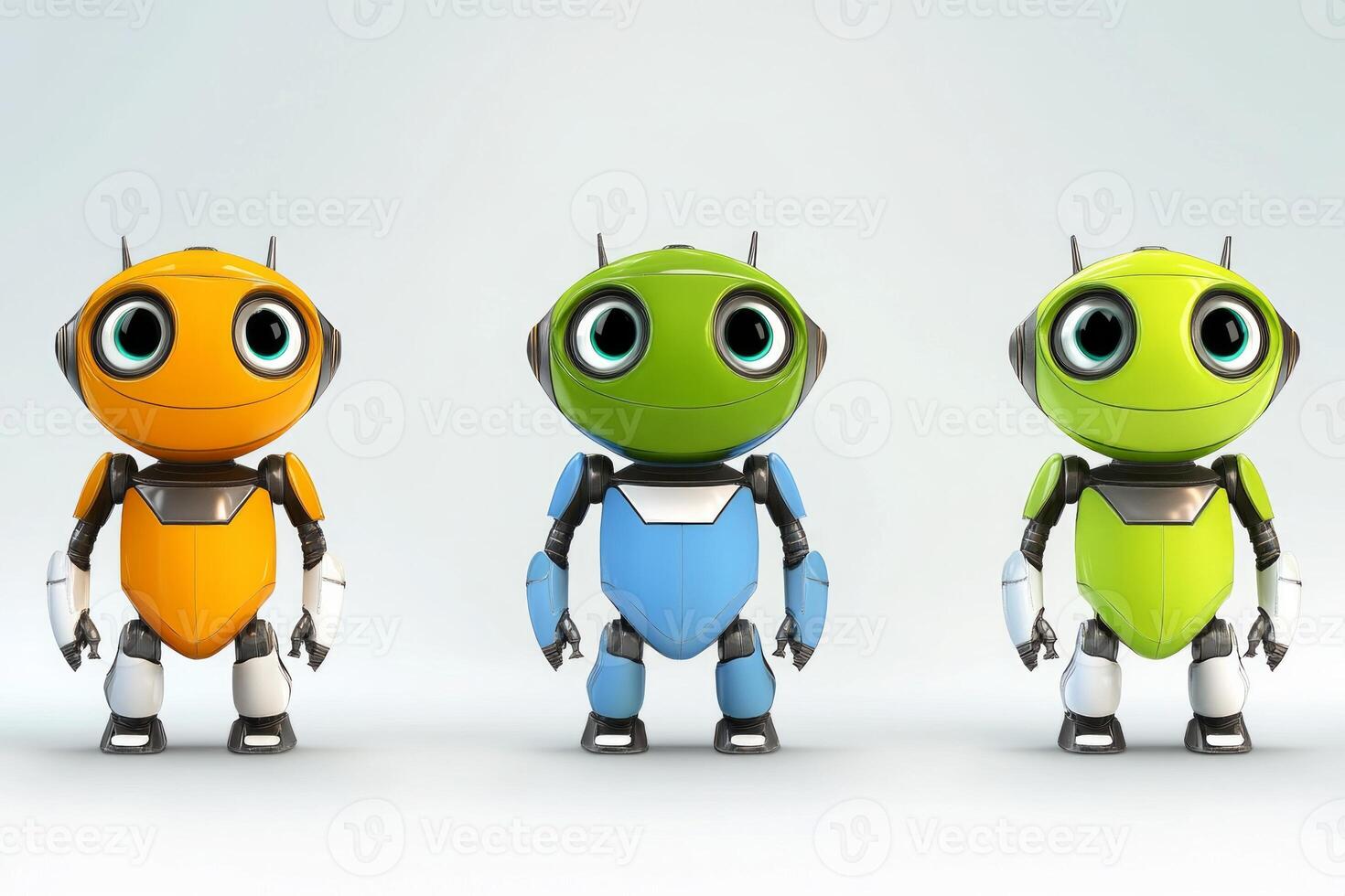 Three colorful retro-style cartoon aliens with robotic features in a playful futuristic setting photo