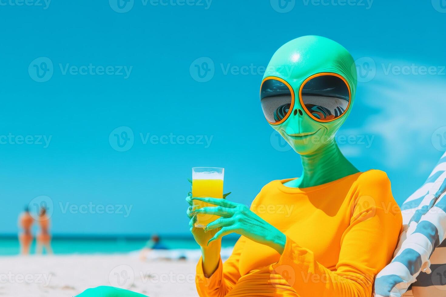 A playful alien in stylish beachwear relaxes on a sunny beach while enjoying a refreshing cocktail photo