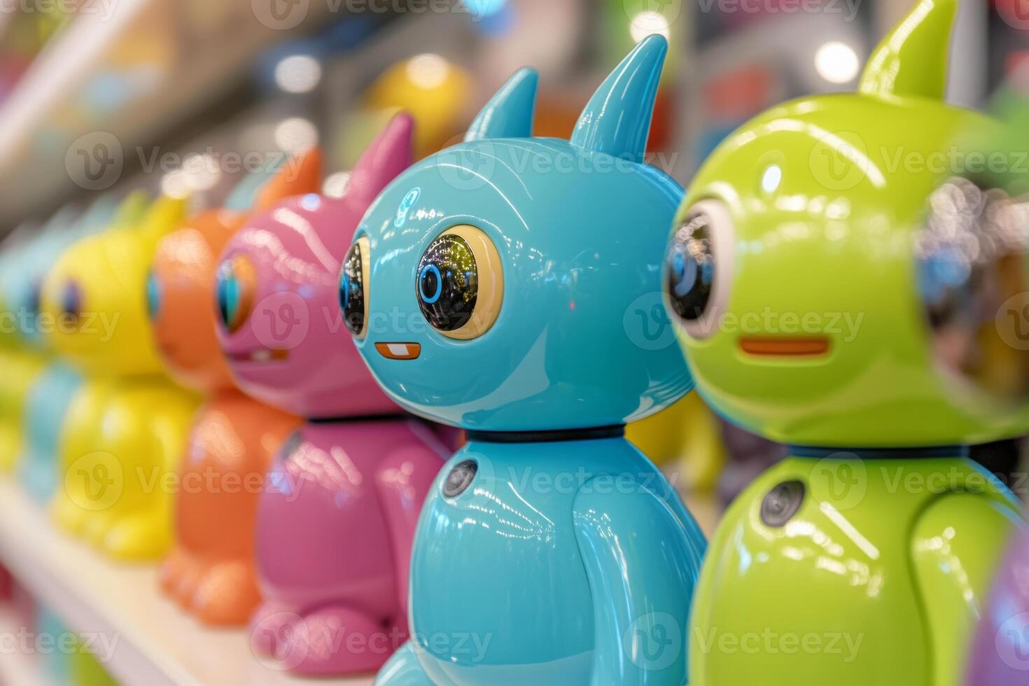 Brightly colored retro-style cartoon aliens with robotic features on display in a futuristic setting photo