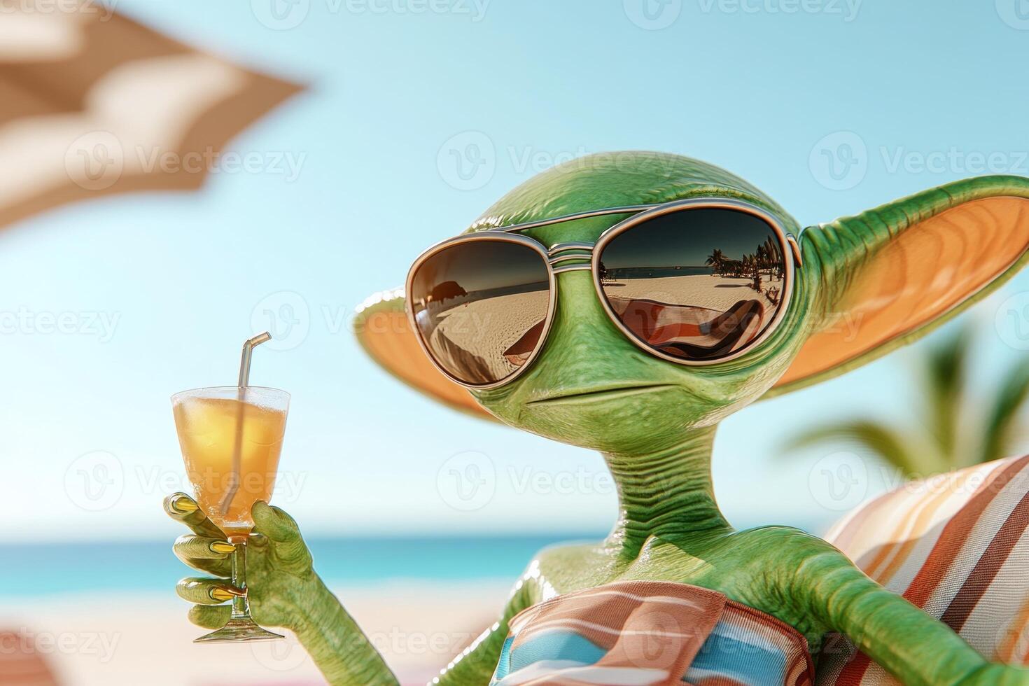 Futuristic alien enjoying a tropical drink while relaxing on the beach under clear skies photo