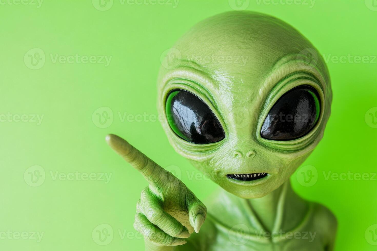 Playful green alien pointing at viewers against a bold neon green background, inviting interaction with a fun expression photo