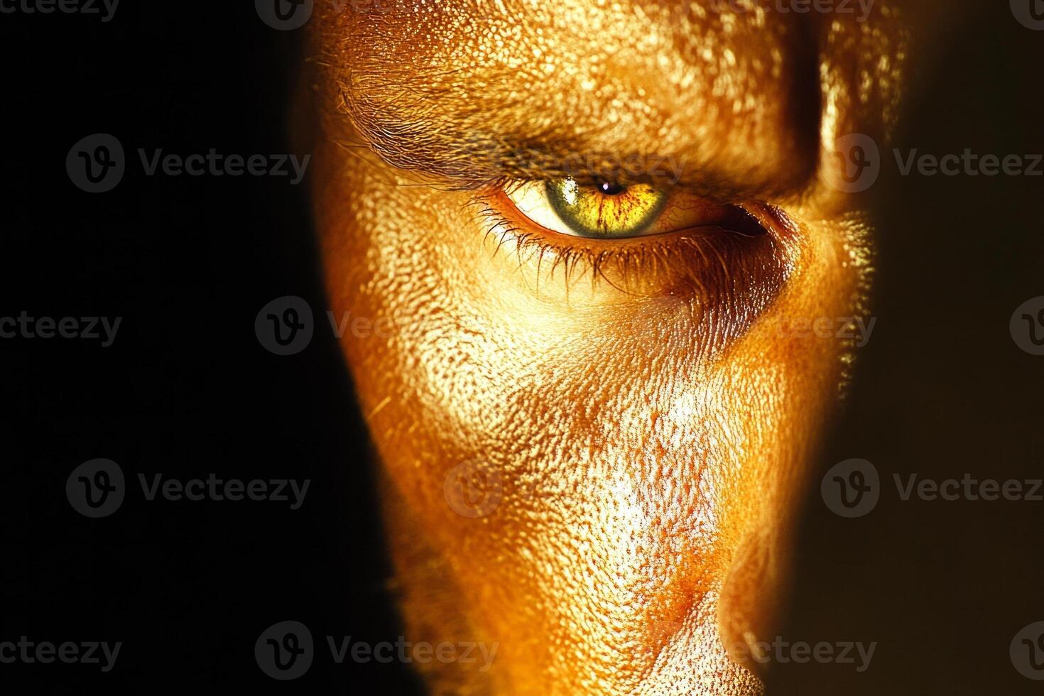 Close-up of a mysterious alien face with intense eyes and strong shadows creating a serious expression in a dark setting photo
