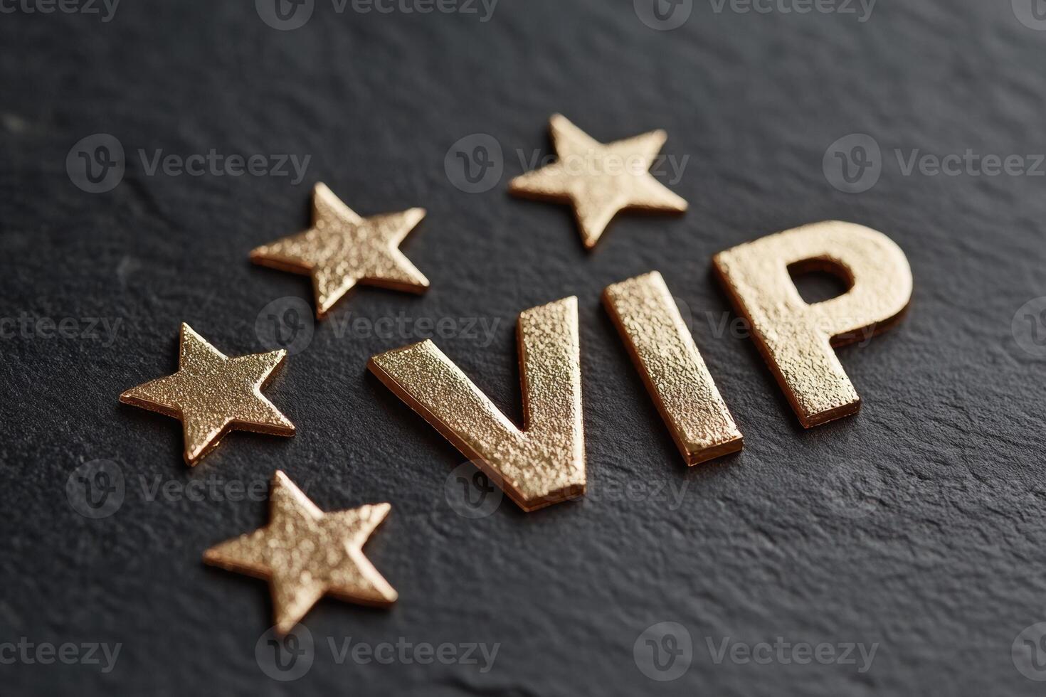 Elegant VIP sign in bold gold letters with surrounding stars on a textured dark background for luxury events photo