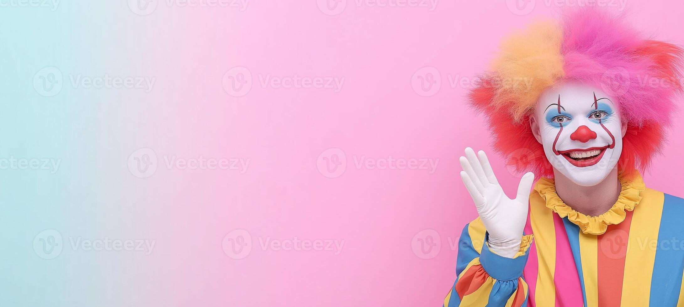 A cheerful clown man waves happily against a colorful pastel background in minimalist lifestyle photography photo