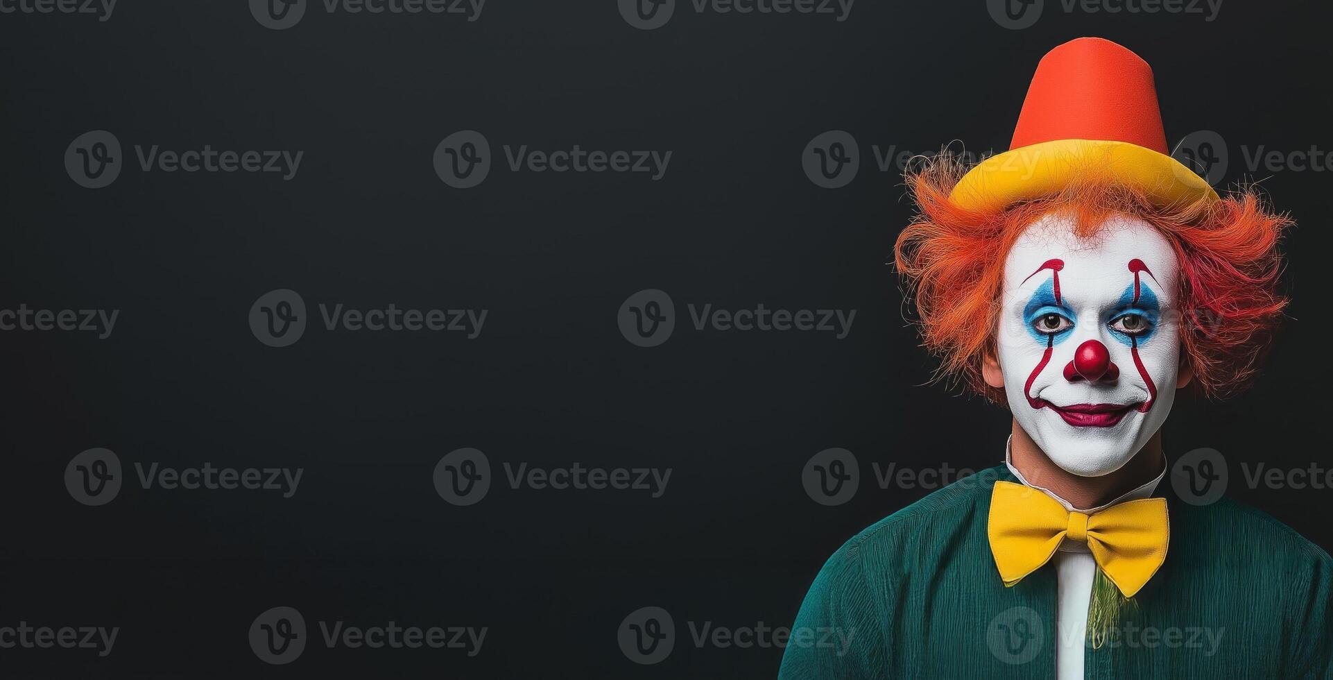A cheerful clown man in a bright orange hat with a green outfit and colorful makeup smiling against a dark background photo