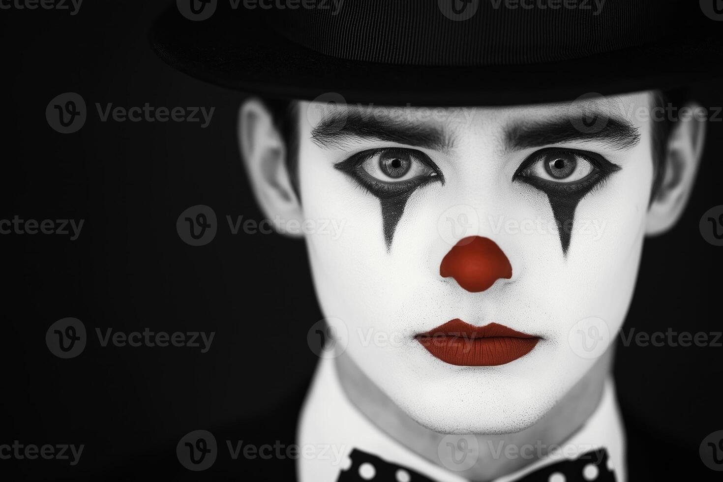 A melancholic clown man with vintage makeup gazes directly at the camera in a minimalist black-and-white setting photo
