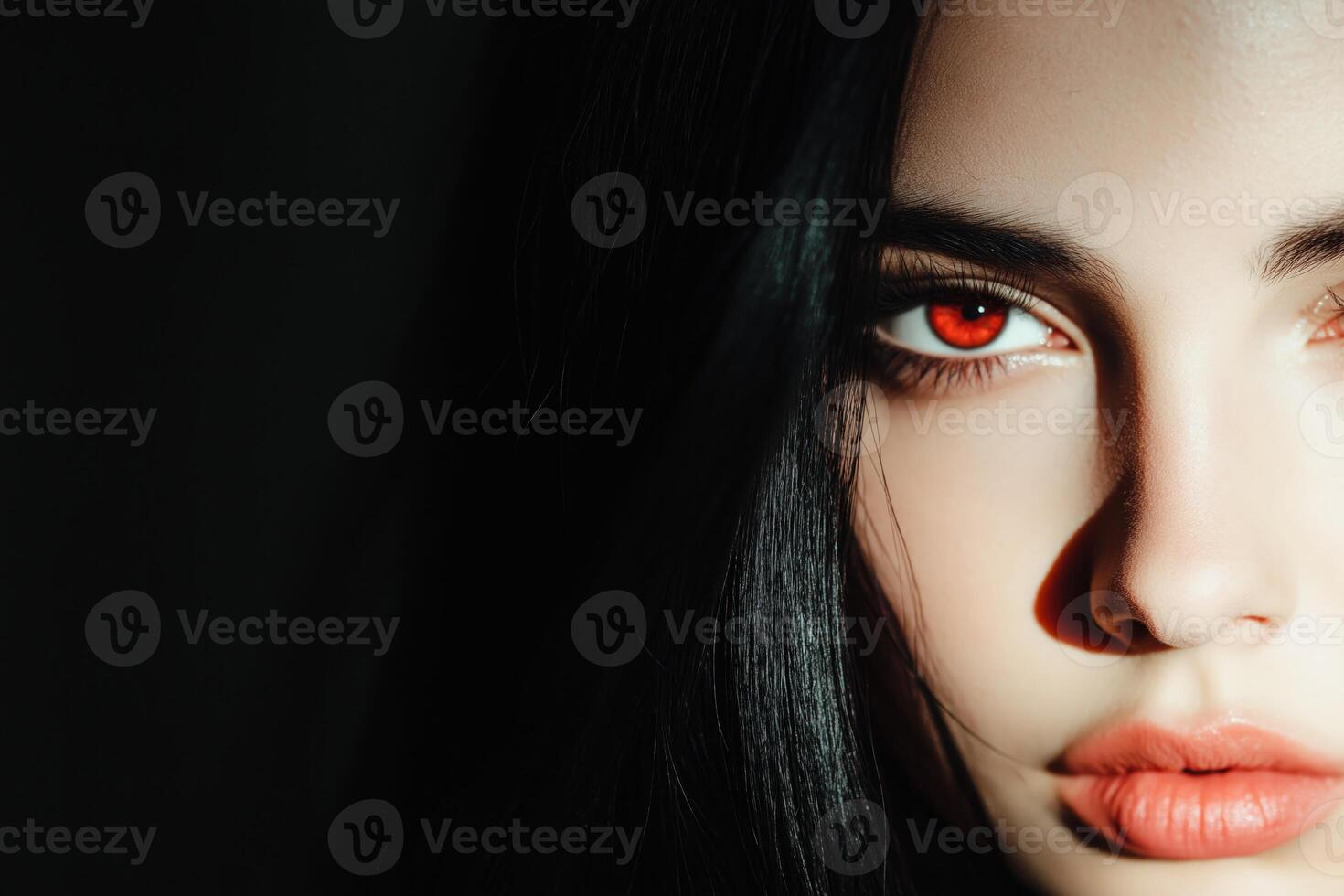 A beautiful vampire with red eyes and fangs exudes mystery against a shadowy background photo