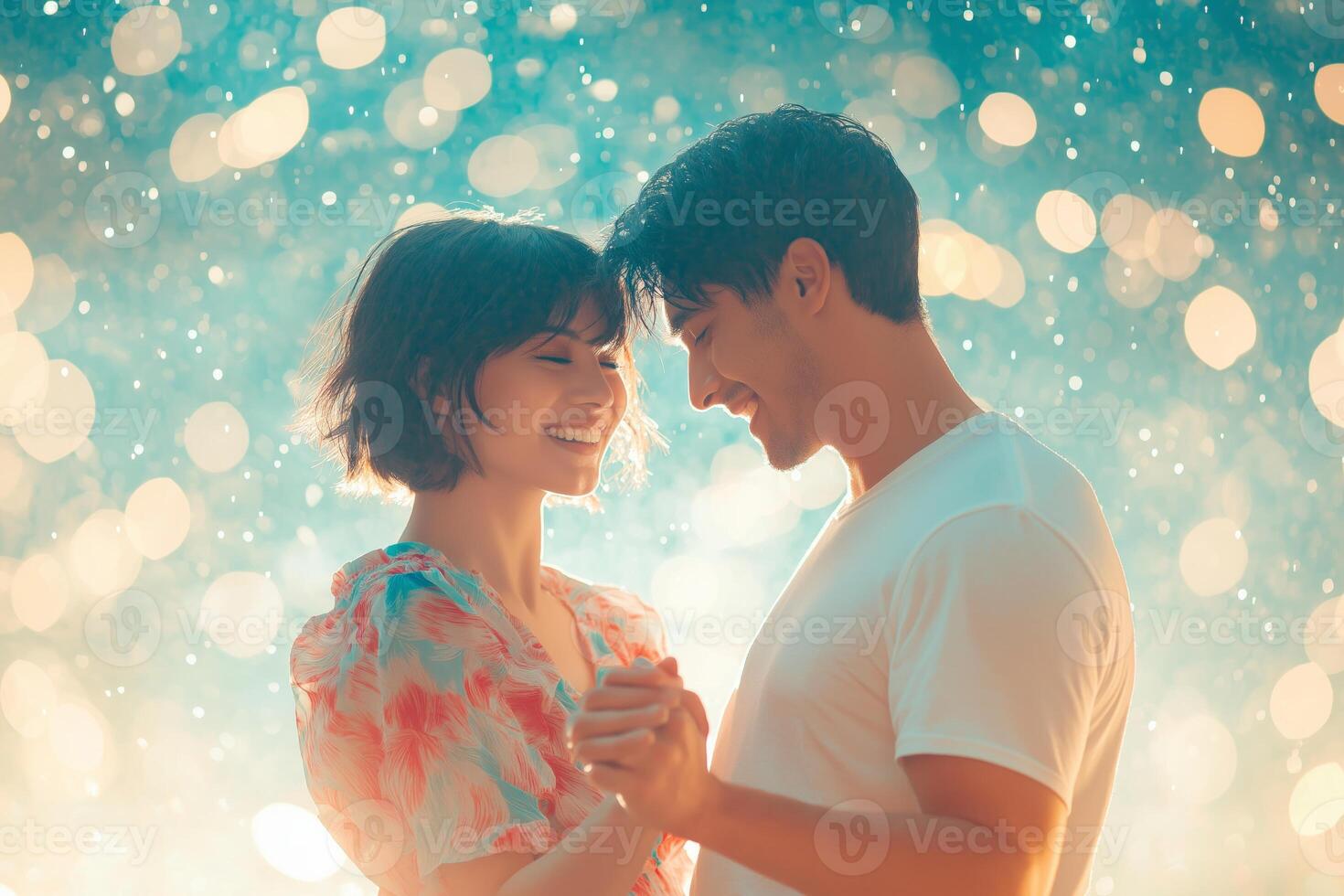Cheerful couple dancing under rain with morning light in a minimalistic setting photo