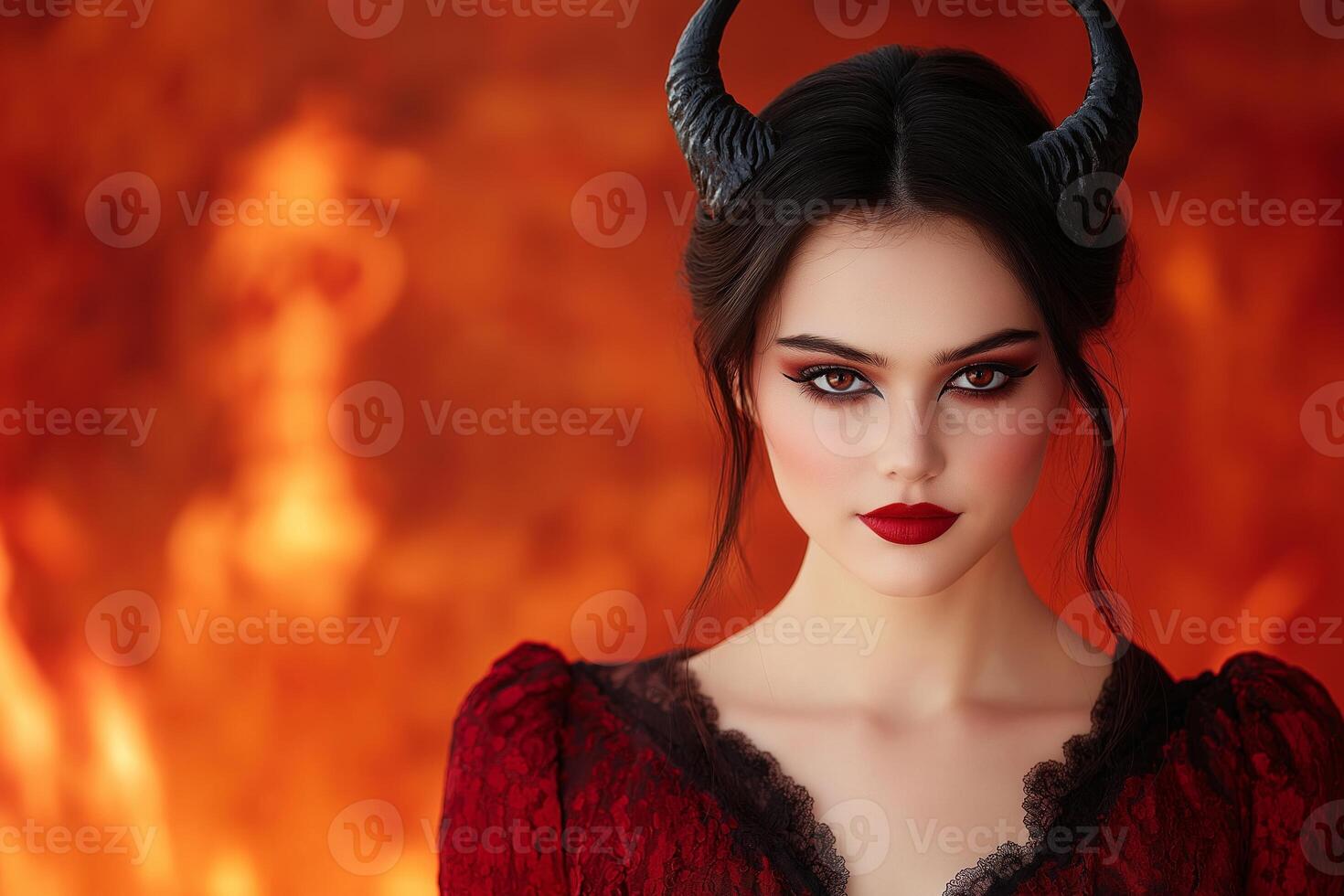 A confident vampire with dark hair in a deep red dress and horned headpiece against a fiery background photo