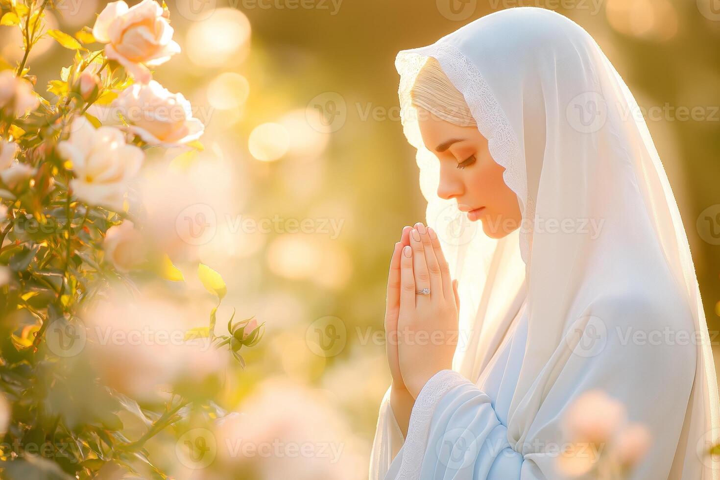 A serene woman in a flowing blue and white robe prays in a sunlit garden surrounded by vibrant roses photo
