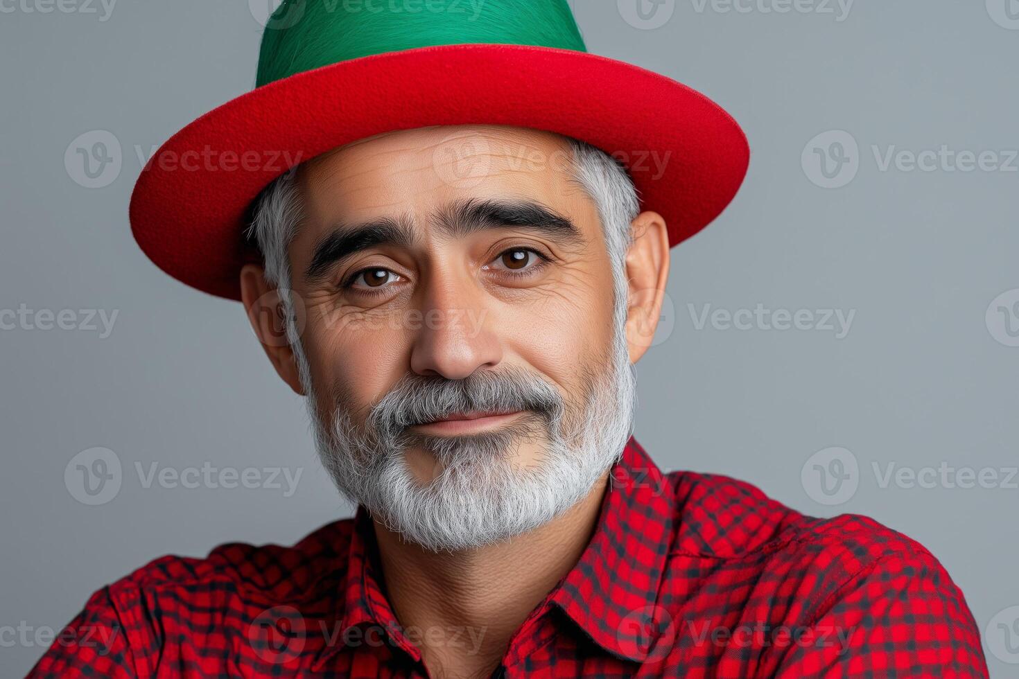 A clown man with a green wig and oversized hat poses playfully against a minimalist background photo
