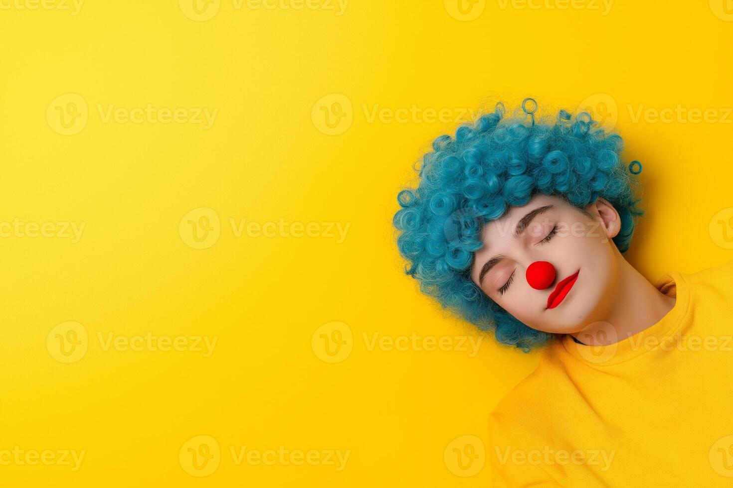 A cheerful clown man with a blue curly wig resting against a bright yellow background photo