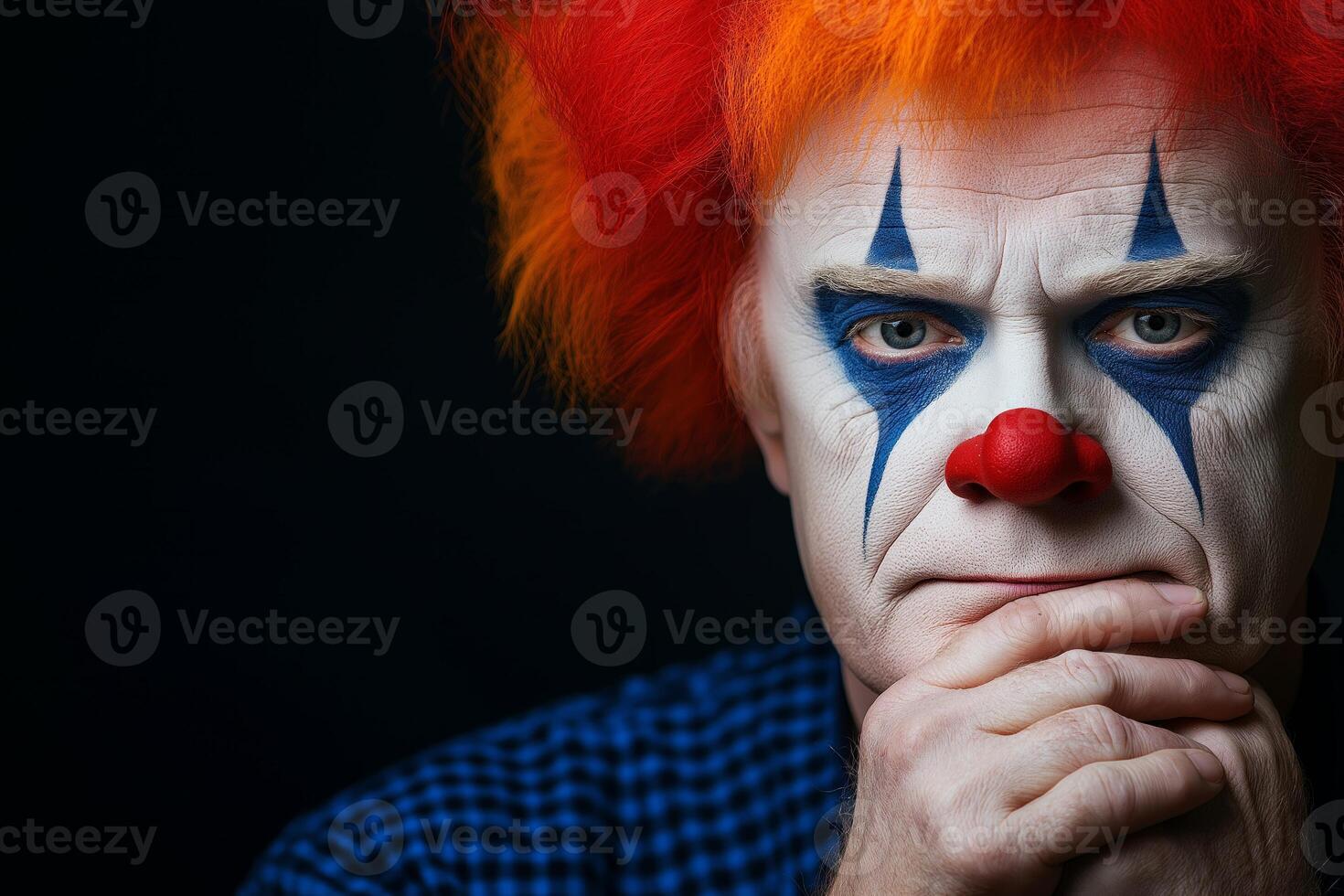 Sad clown man with dramatic expression holding his hand over his heart against a dark background photo