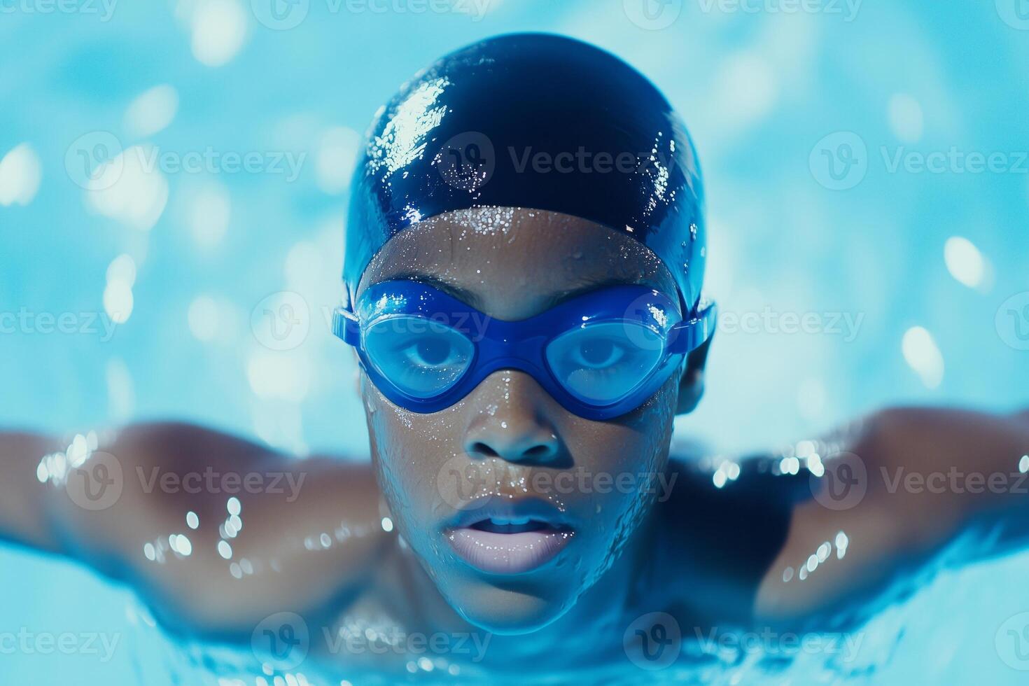 A young swimmer ready for competition in an indoor pool at noon with focused expression and blue gear photo